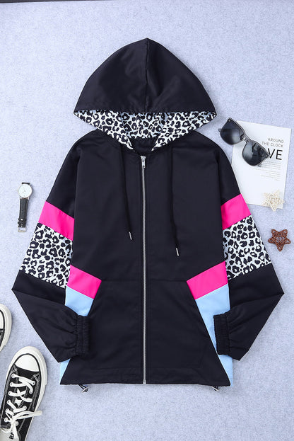 Jantine | Leopard rosa und schwarzer Farbblock-Kapuzenjacke