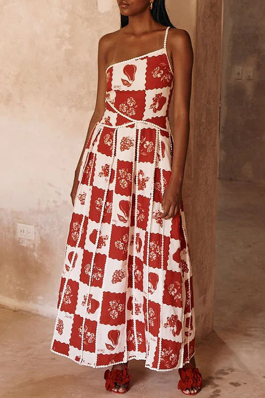 Langes Kleid mit ausgestellter Schulter und einzigartigem Druck