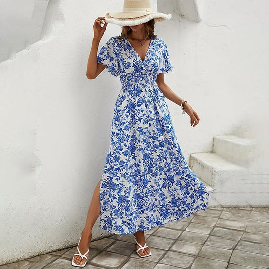 Langes Kleid mit Blumen-V-Ausschnitt und eleganten kurzen Ärmeln