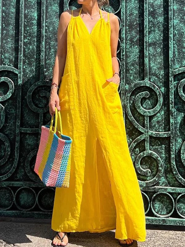 Langes Damenkleid mit Tasche und V-Ausschnitt