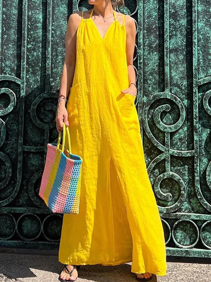 Langes Damenkleid mit Tasche und V-Ausschnitt
