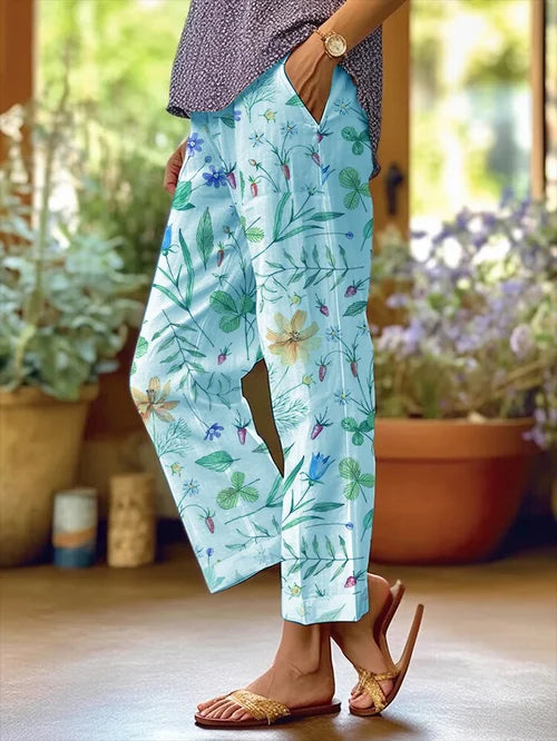 Women's Floral Pattern Loose Pocket Patchwork Casual Hosen