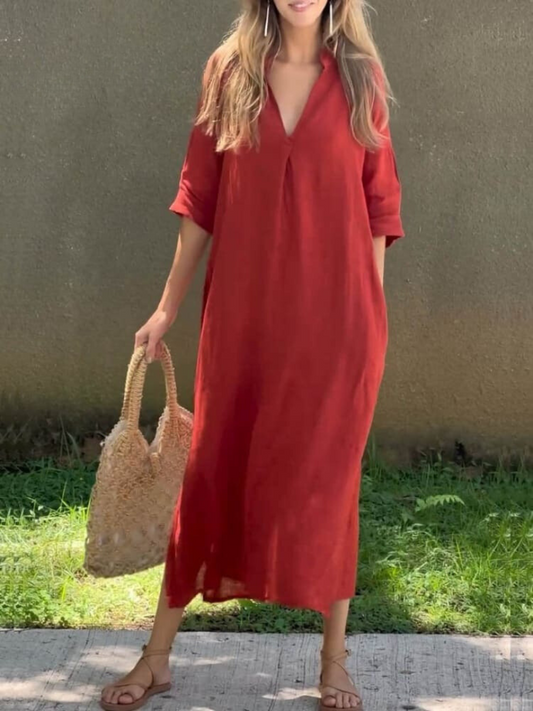Elegantes Maxikleid mit V-Ausschnitt und lockerer Silhouette