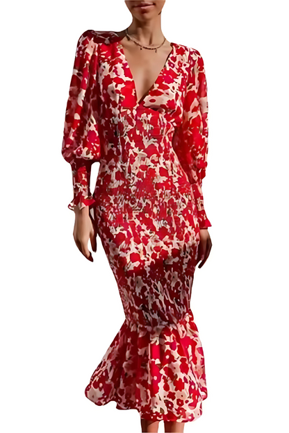 Serena | Bedrucktes Fischschwanzkleid mit V-Ausschnitt für Damen