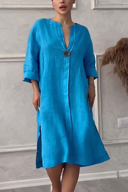 Freizeitkleid aus Baumwolle und Leinen mit Knopfverschluss