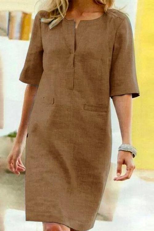 Kathy gerades Kleid aus Leinen und Baumwolle mit halben Ärmeln