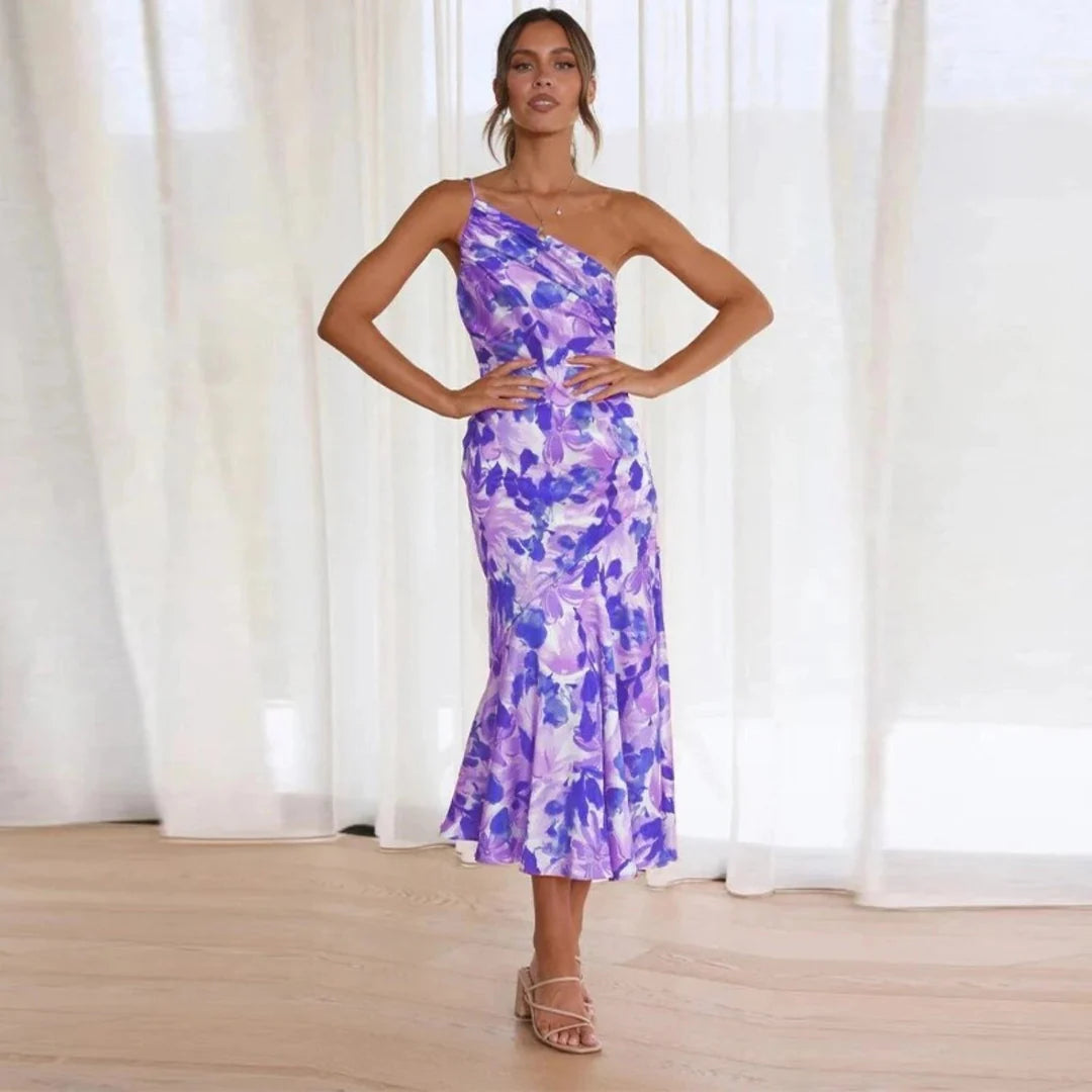 Asymmetrisches langes Kleid mit Blumendruck für besondere Anlässe