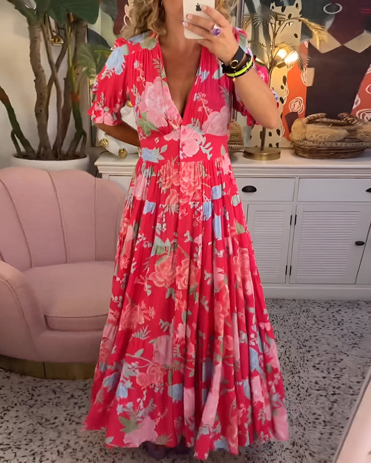 Kleid mit Tasche am V-Ausschnitt mit Blumendruck