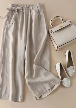 Verena - Hose mit geradem Bein, khakifarbener Schleife und Gummizug in der Taille