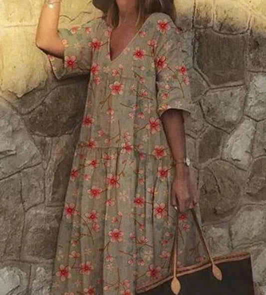 Lässiges Kleid mit V-Ausschnitt und Blumendruck
