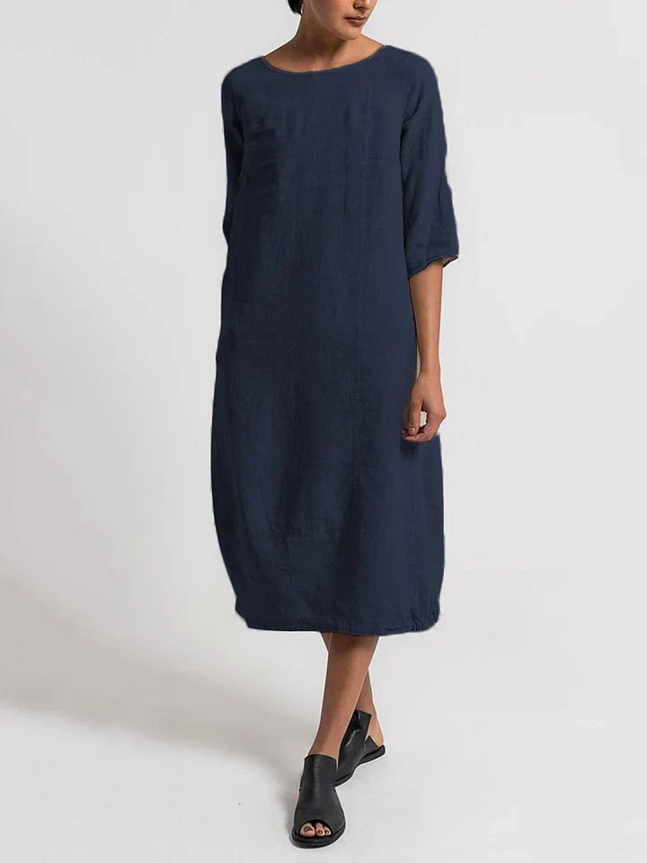Dinny - 3/4 Ärmel Rundhalsausschnitt Schlichtes Freizeitkleid
