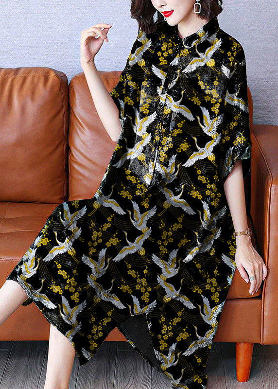 Armine - Vintage Maxikleid mit Stehkragen, Druck und offenen Seiten
