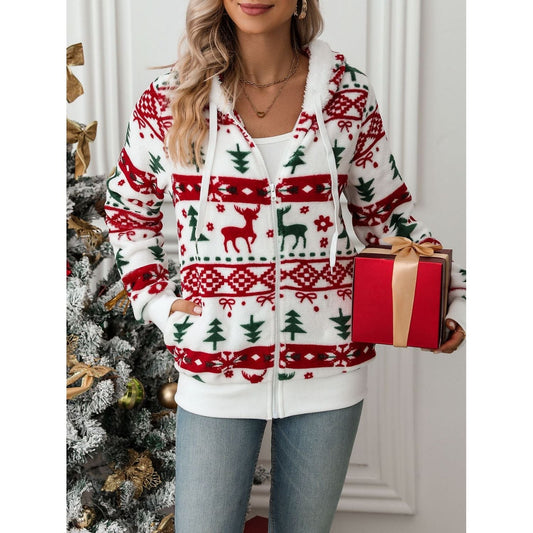 Lena - Weiße Weihnachtsjacke mit Kapuze und Reißverschluss für Frauen