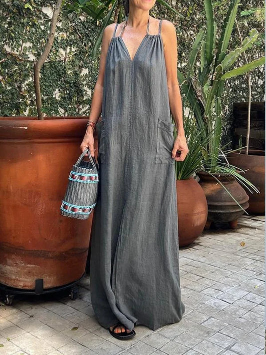 Langes Damenkleid mit Tasche und V-Ausschnitt
