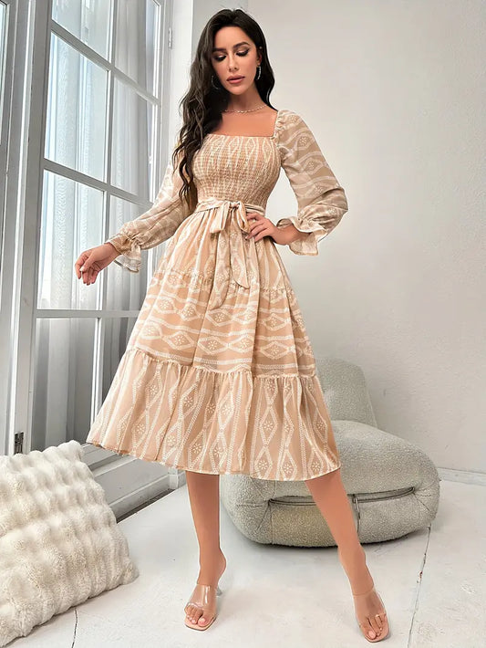 Viola -Elegantes langärmeliges Kleid mit Rüschen und Argyle-Print