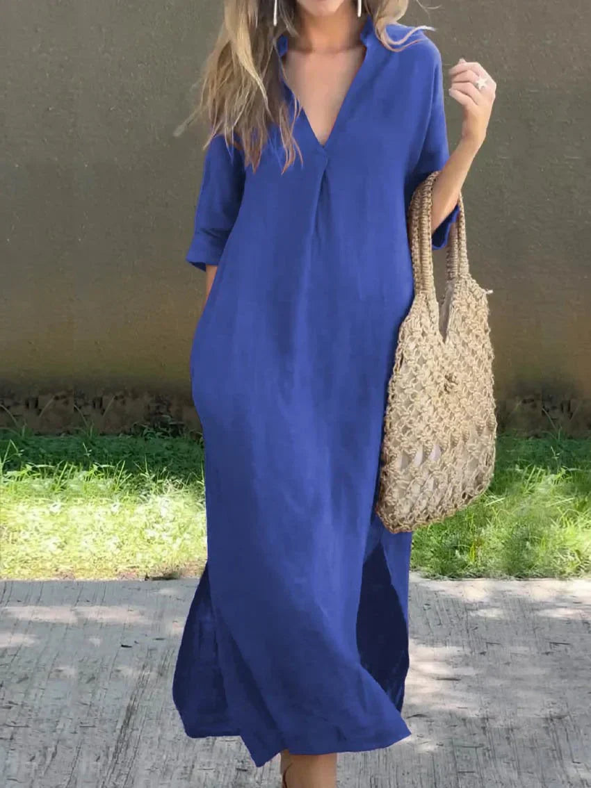 Stella - Schlichtes Leinenkleid mit V-Ausschnitt und Tasche