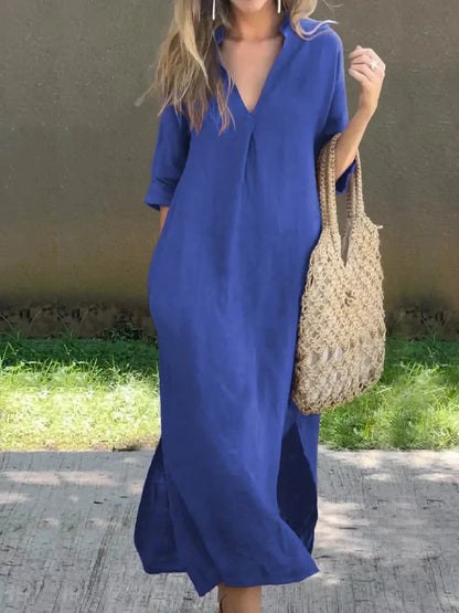 Stella - Schlichtes Leinenkleid mit V-Ausschnitt und Tasche