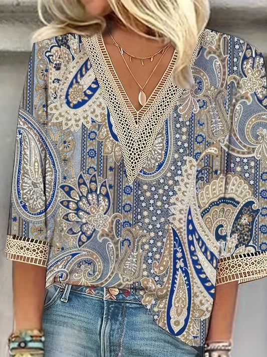 Owienna - T-Shirt für Damen Plus mit Kaschmirdruck, kontrastierender Spitze, V-Ausschnitt und halben Ärmeln