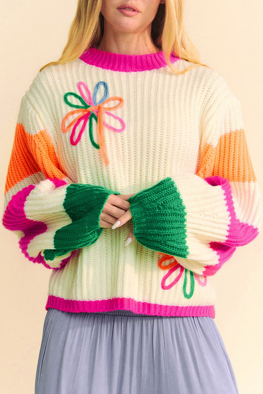 Clarisse - Lockerer Strickpullover mit Blumenmuster Colorblock Beige