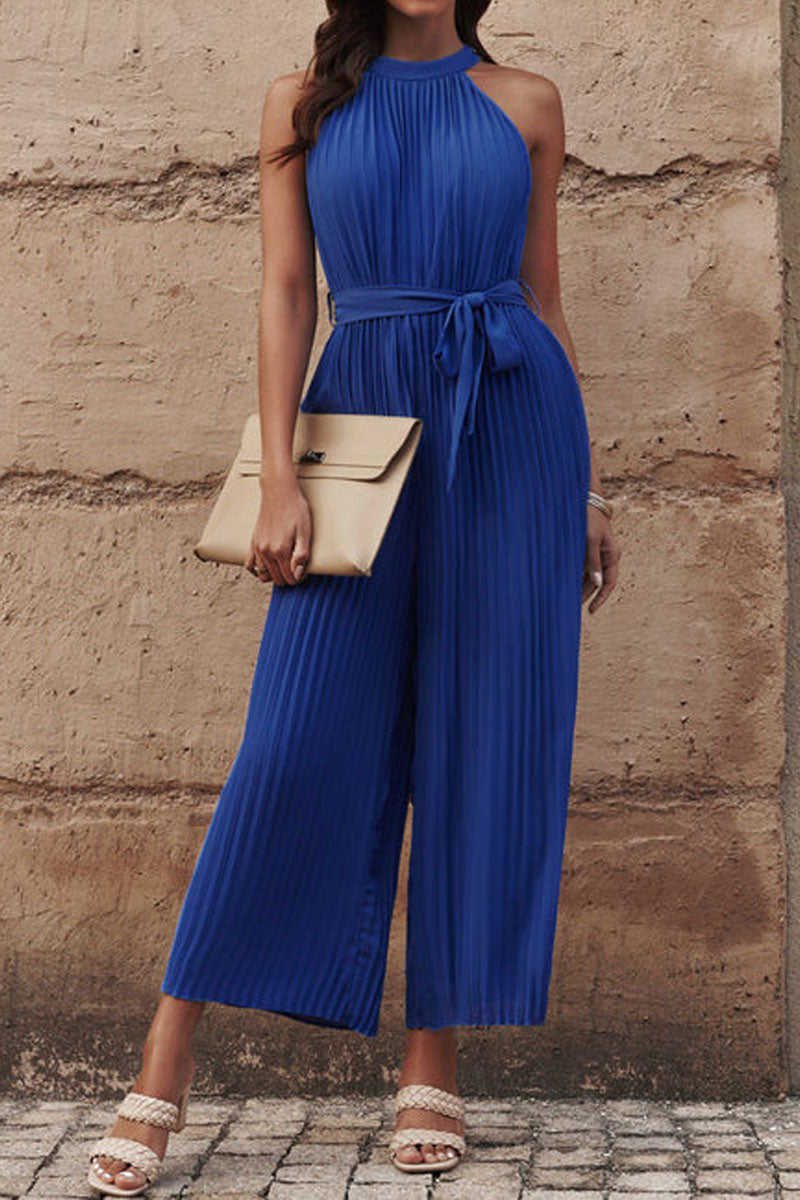 Akkordeonfaltengürtel mit griechischem Ausschnitt ärmelloses Jumpsuit-Kleid