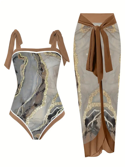 Eleganter Badeanzug & Rock mit Marmordruck in einem Stück