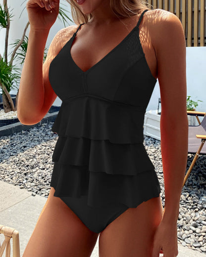 Ruffles geteilter Tankini in einer Farbe