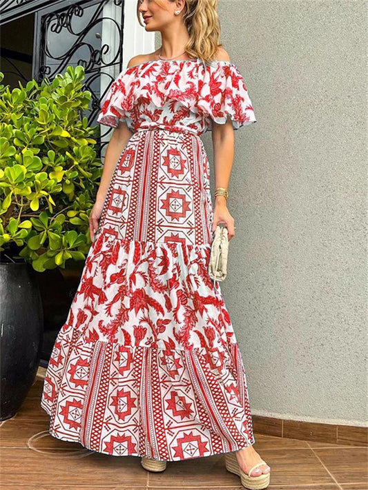 Frühlings-/Sommerkleid mit großem Ausschnitt und Bohemian-Print