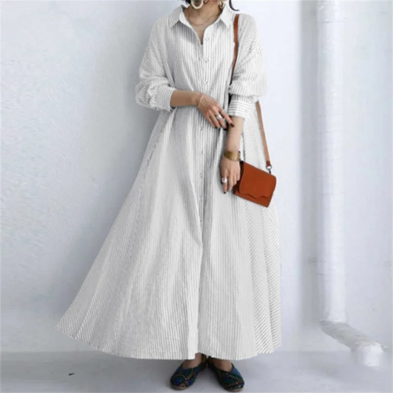 Twyla - Rosa gestreiftes, langärmeliges Kleid mit Knopfverschluss im Bohemian-Stil