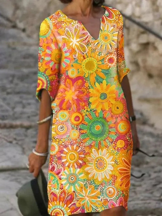Midi-Kleid mit Blumenmuster, V-Ausschnitt und zeitloser Eleganz