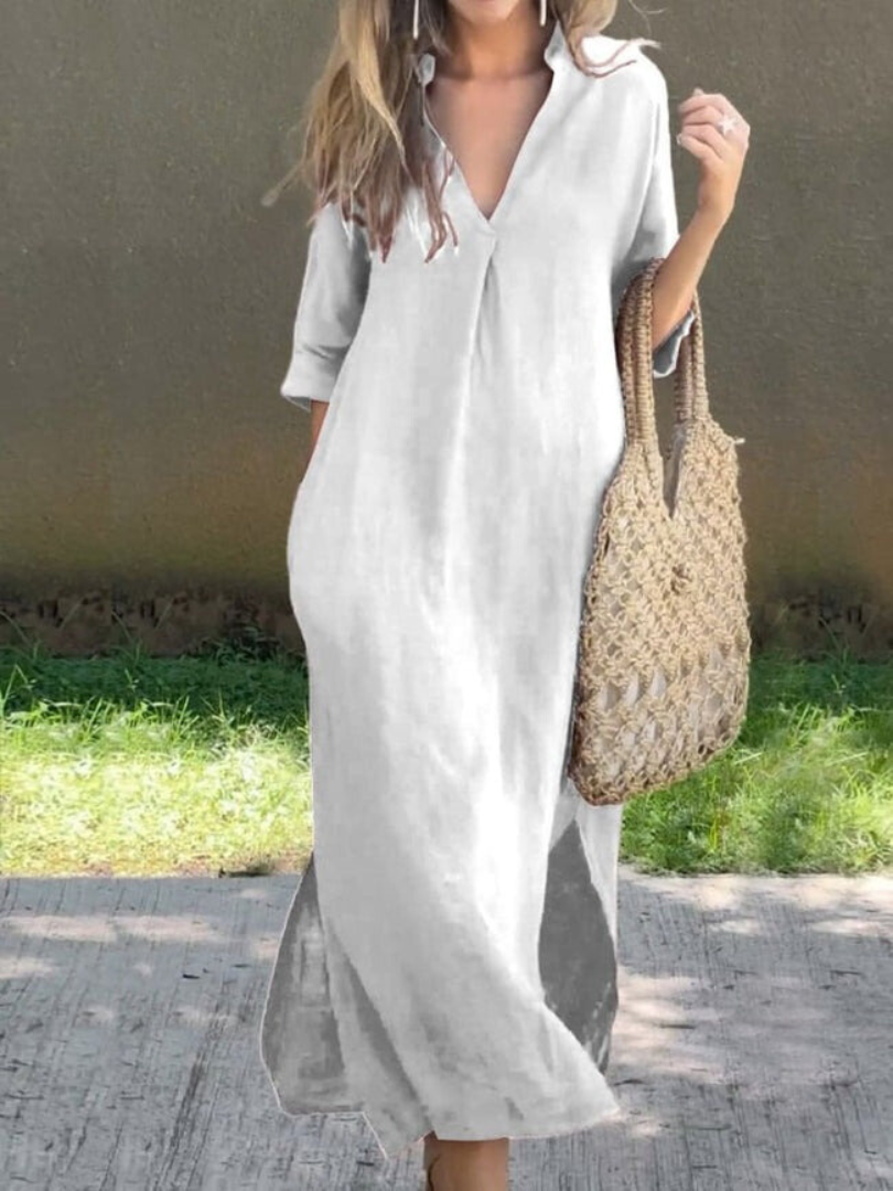 Elegantes Maxikleid mit V-Ausschnitt und lockerer Silhouette