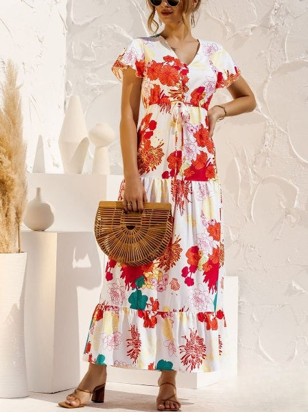 Emaline - Langes Kleid mit Blumendruck und V-Ausschnitt