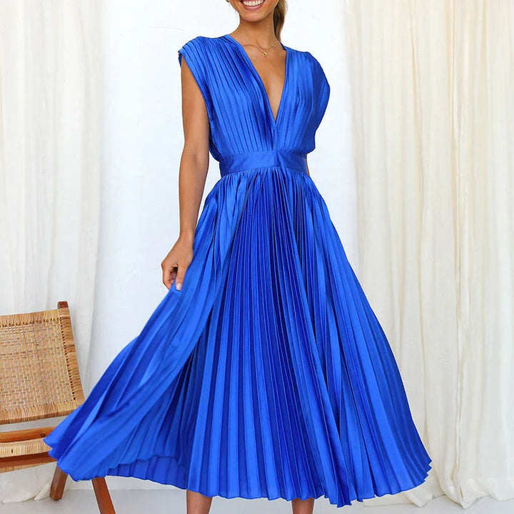 Plissiertes Midikleid mit V-Ausschnitt und eleganten kurzen Ärmeln