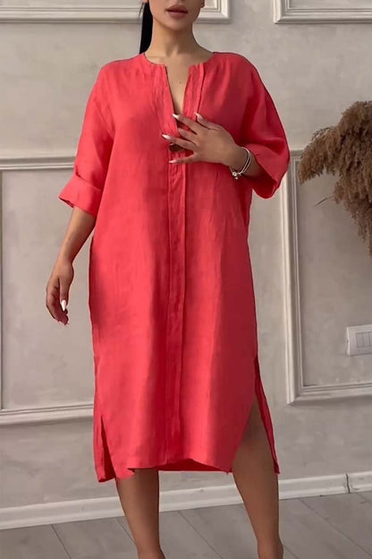 Freizeitkleid aus Baumwolle und Leinen mit Knopfverschluss