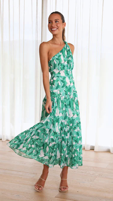 Asymmetrisches langes Kleid mit Blumendruck für besondere Anlässe