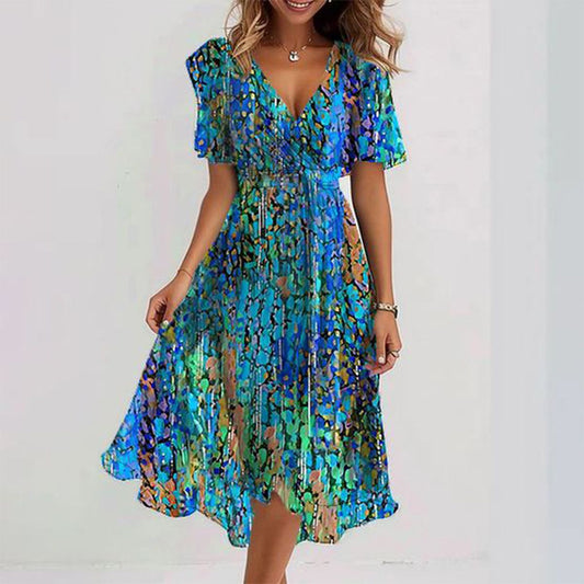 Maudea - Blaues Midikleid mit kurzen Ärmeln