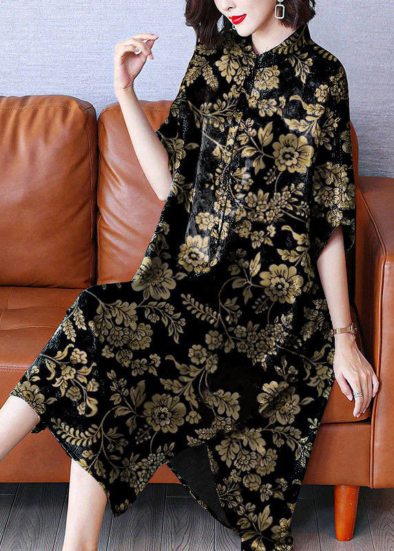 Armine - Vintage Maxikleid mit Stehkragen, Druck und offenen Seiten