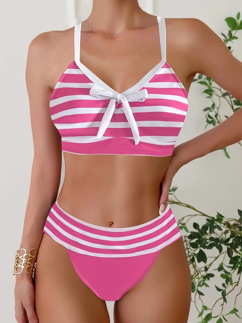 Sexy gestreifter Print-Schleifen-Bikini mit V-Ausschnitt