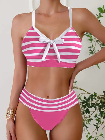 Sexy gestreifter Print-Schleifen-Bikini mit V-Ausschnitt