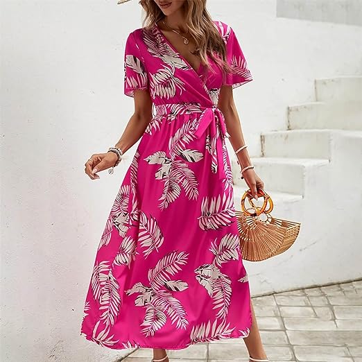 Clara - Kleid mit Gürtel aus tropischem Print und hoher Taille