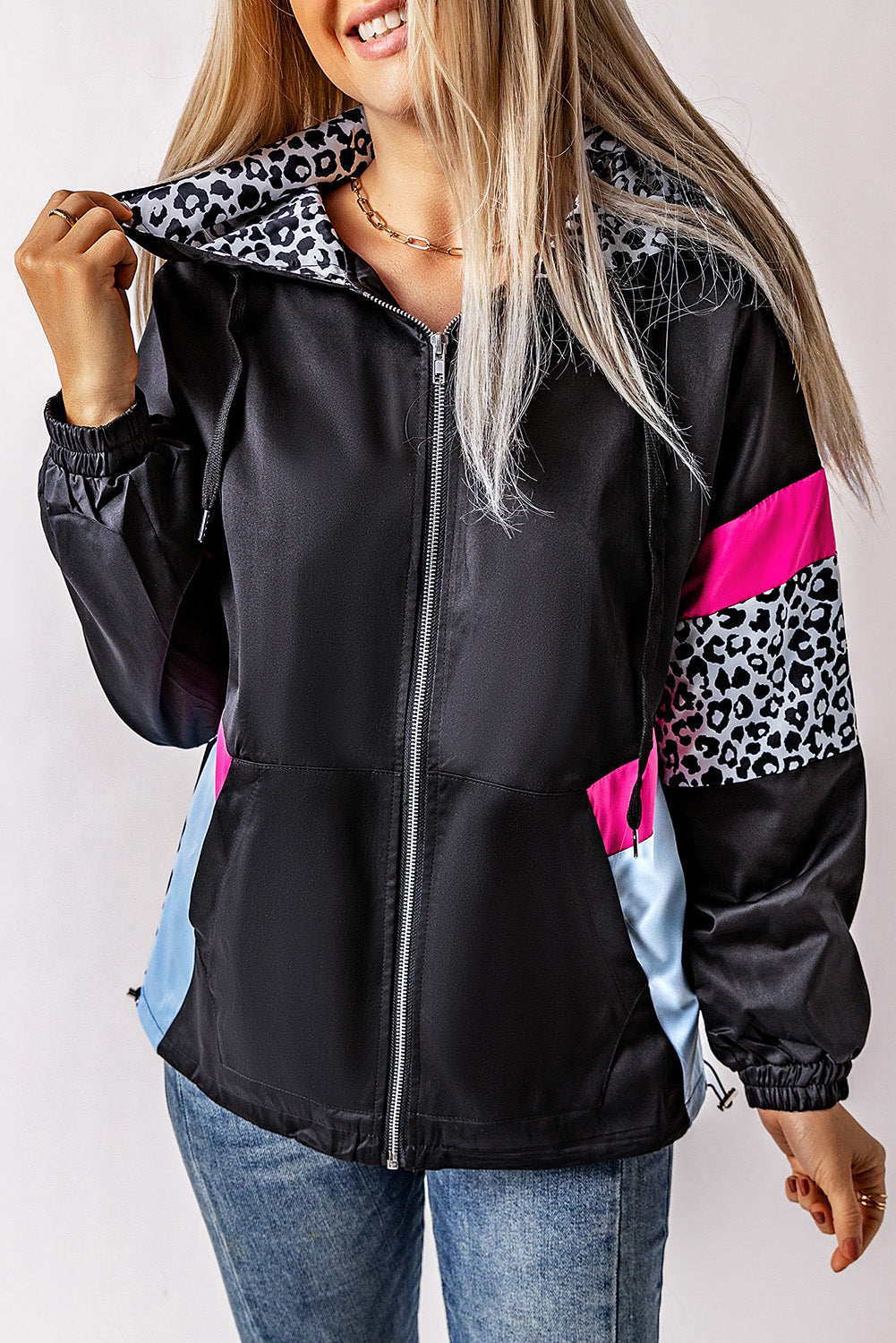 Jantine | Leopard rosa und schwarzer Farbblock-Kapuzenjacke