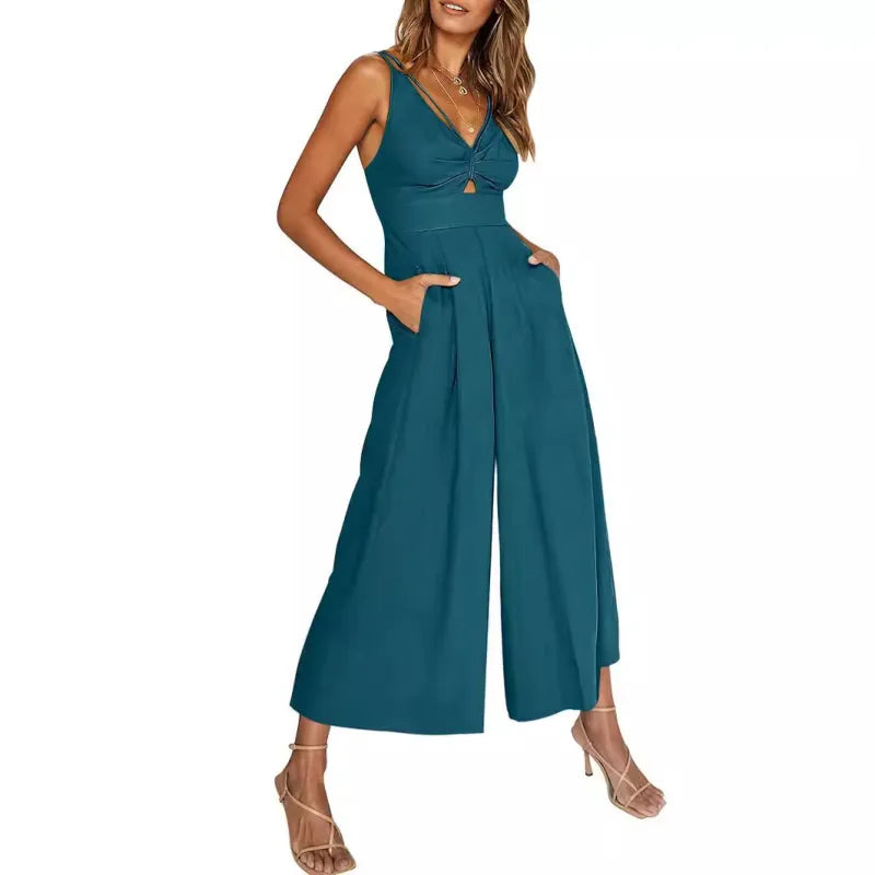 2024 neuer Jumpsuit mit V-Ausschnitt und weitem Bein