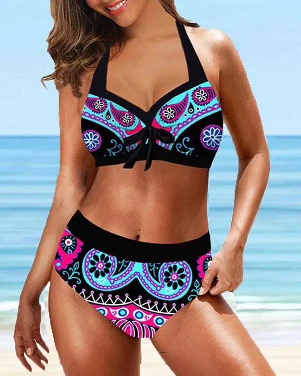 Plus Size Vintage Blumendruck Spitze Halter V-Ausschnitt Sexy Bikini Set