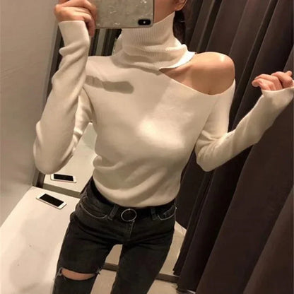 Eleganter schulterfreier Strickpullover für Frauen - Rollkragenpullover mit langen Ärmeln