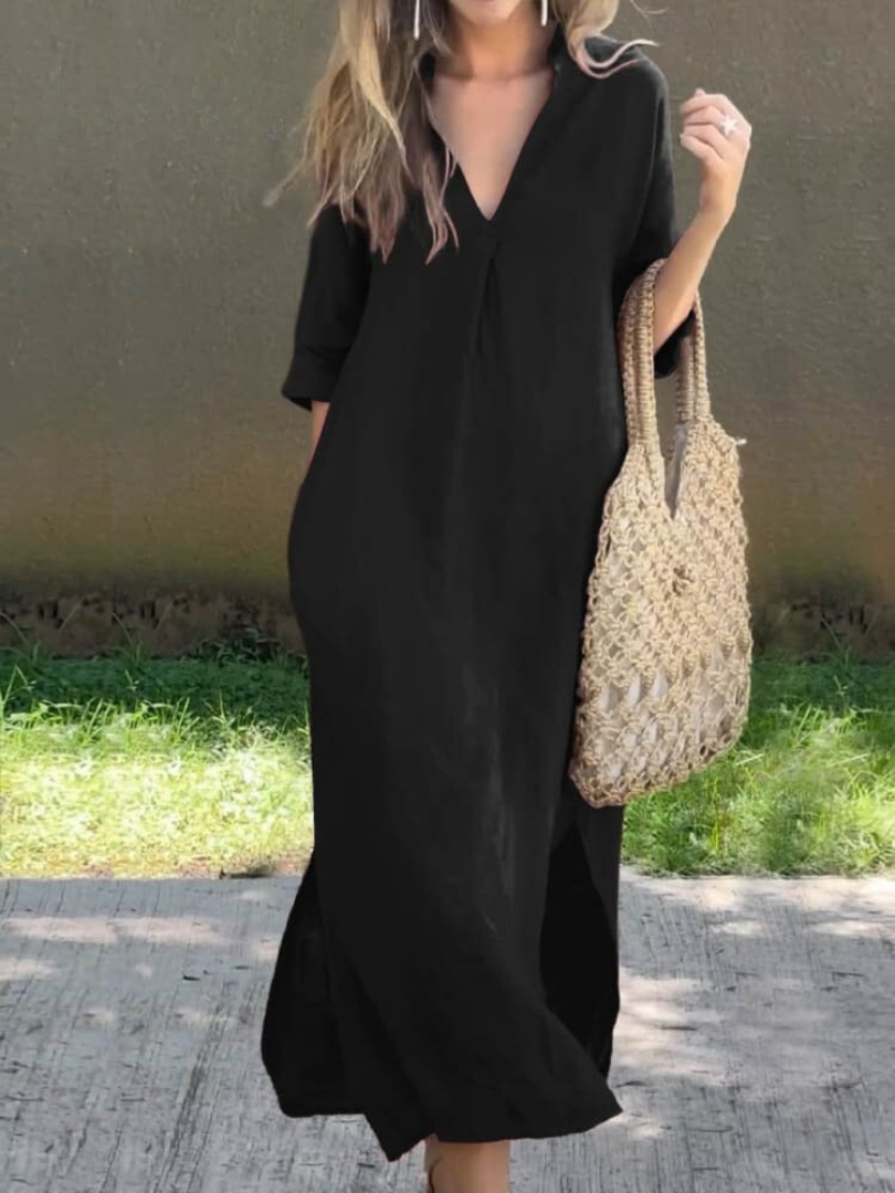Elegantes Maxikleid mit V-Ausschnitt und lockerer Silhouette
