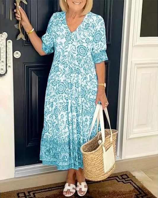 Langes Sommerkleid mit Print und kurzen Ärmeln für einen eleganten Look