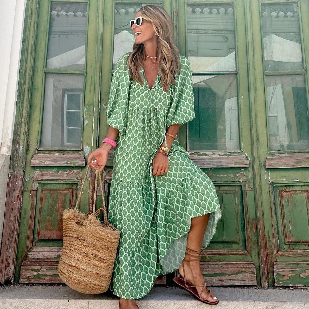 Bohemian-Langkleid mit Vintage-Print, V-Ausschnitt und kurzen, weiten Ärmeln