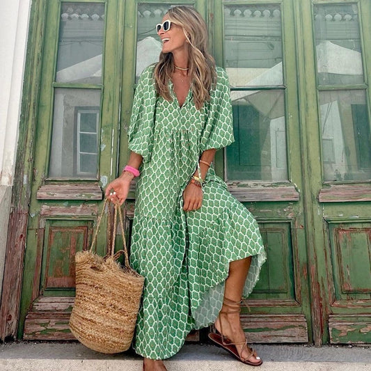 Bohemian-Langkleid mit Vintage-Print, V-Ausschnitt und kurzen, weiten Ärmeln