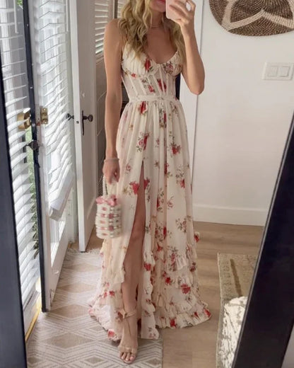 Langes Blumenkleid mit schmeichelhaftem Ausschnitt