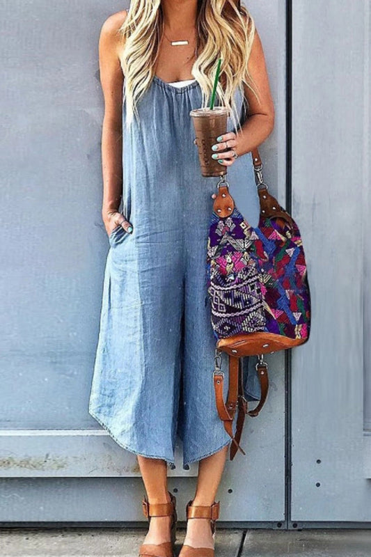 Ärmelloser Jeans-Overall mit V-Ausschnitt und weiten Beinen