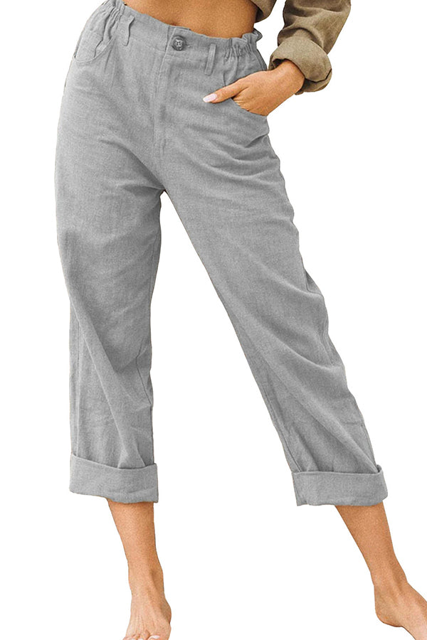 unifarbene Baumwolle und Leinen modische lockere Freizeithose mit hoher Taille